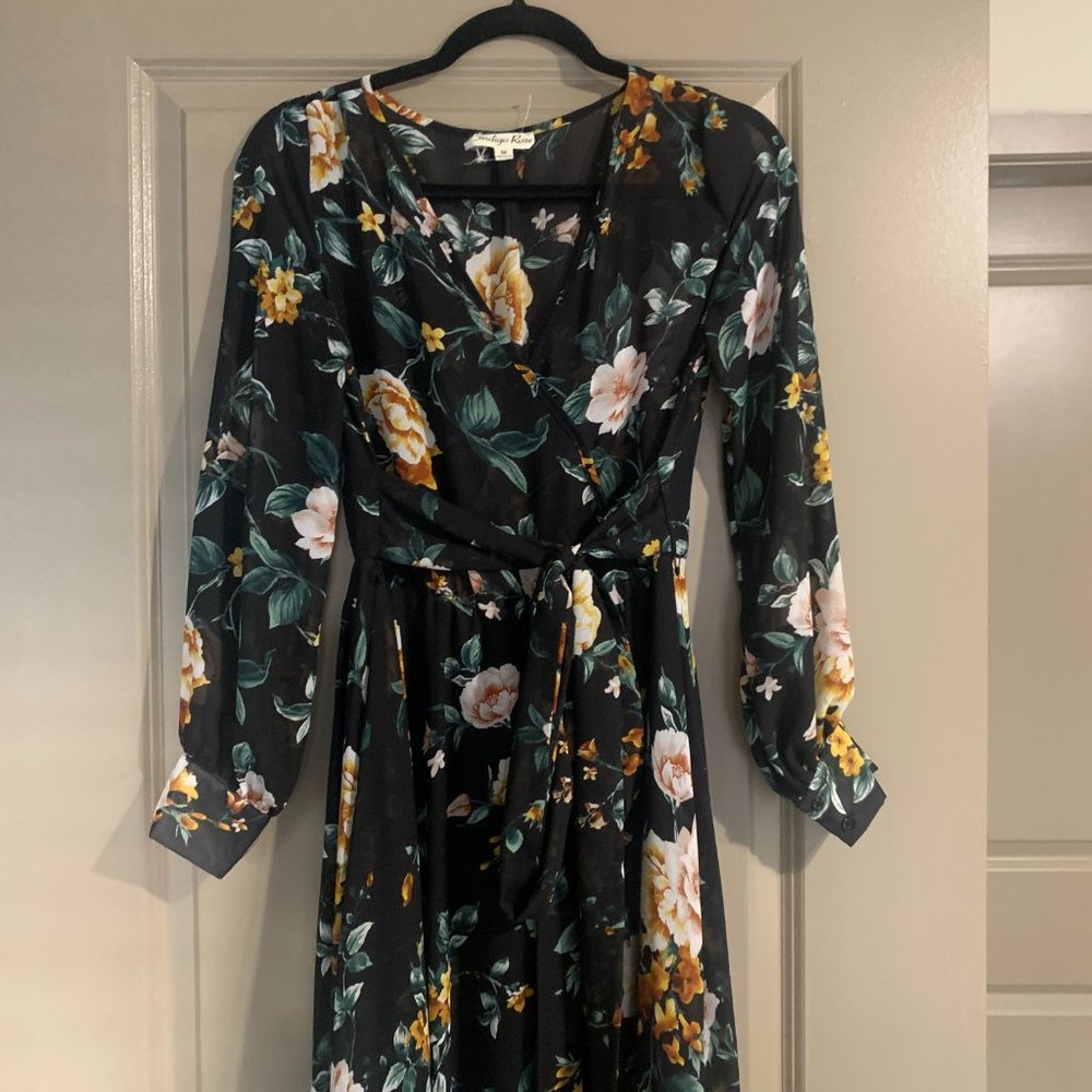 Chelsea & Violet Black Floral Wrap Maxi Dress with Tie Waist